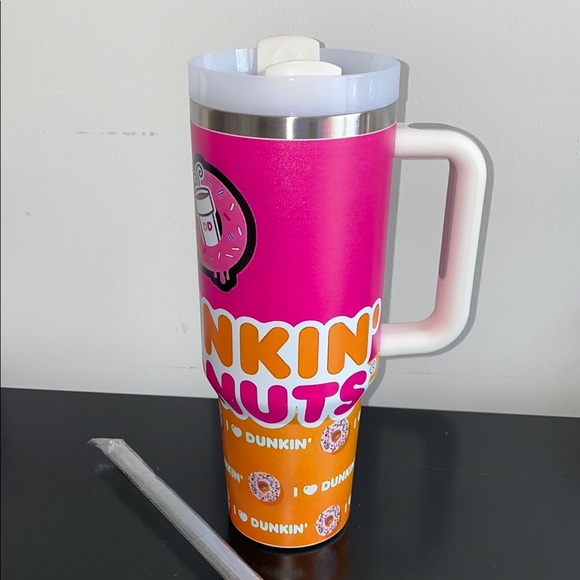 Dunkin Pink and Orange Insulated Travel Mug with Handle - Picture 4 of 7